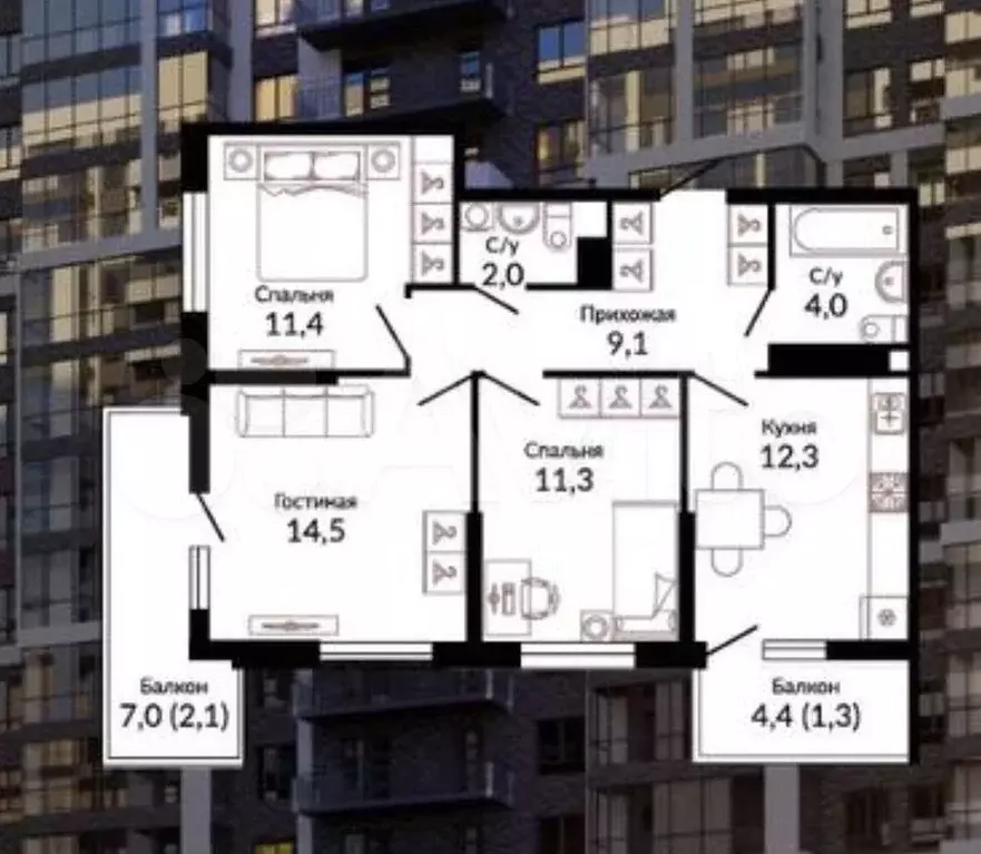 3-к. квартира, 70 м, 8/19 эт. - Фото 1