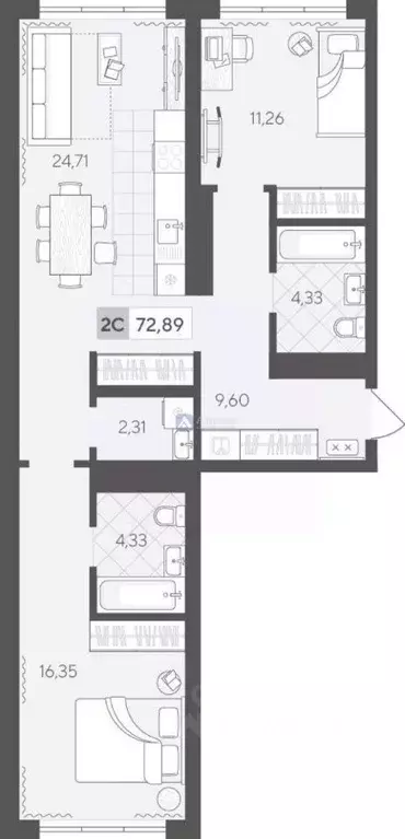 2-к кв. Тюменская область, Тюмень ул. Сергея Корепанова, 34 (72.89 м) - Фото 2