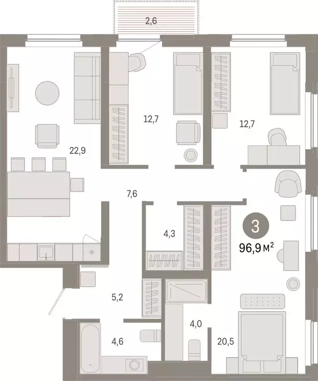 3-комнатная квартира: Тюмень, Мысовская улица, 26к2 (96.9 м) - Фото 1