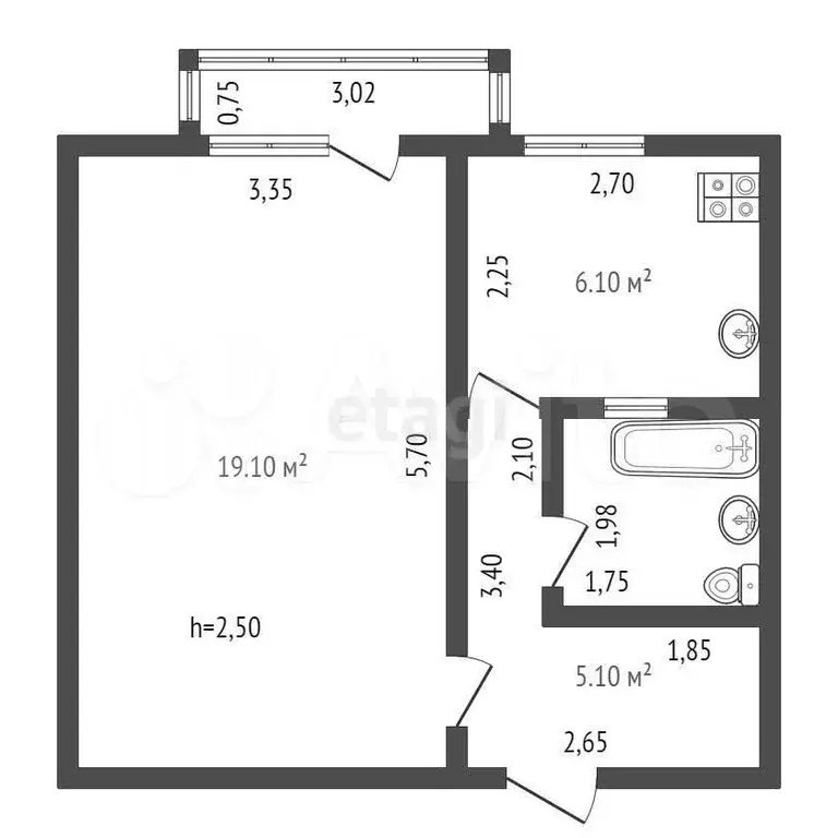 1-к. квартира, 34 м, 3/5 эт. - Фото 0