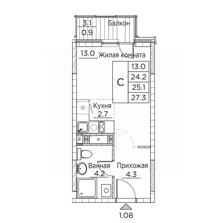 1-к кв. Приморский край, Владивосток ул. Расула Гамзатова, 7к2 (27.3 ... - Фото 1