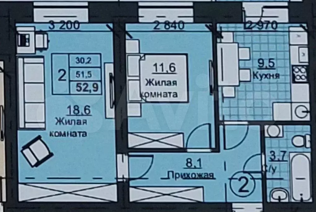 2-к. квартира, 52,9 м, 3/3 эт. - Фото 0