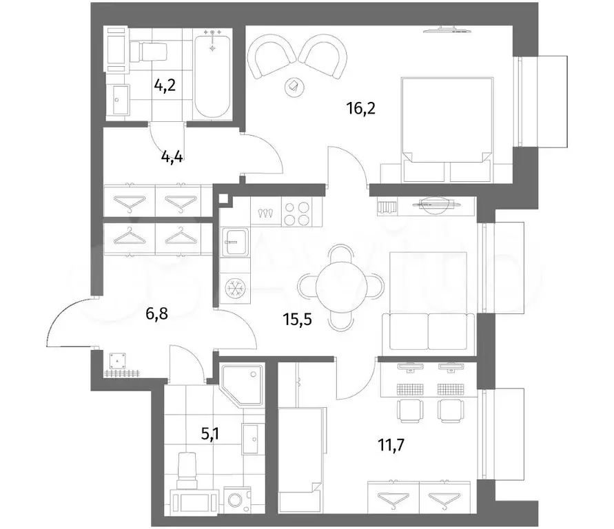 2-к. квартира, 63,9 м, 2/6 эт. - Фото 0