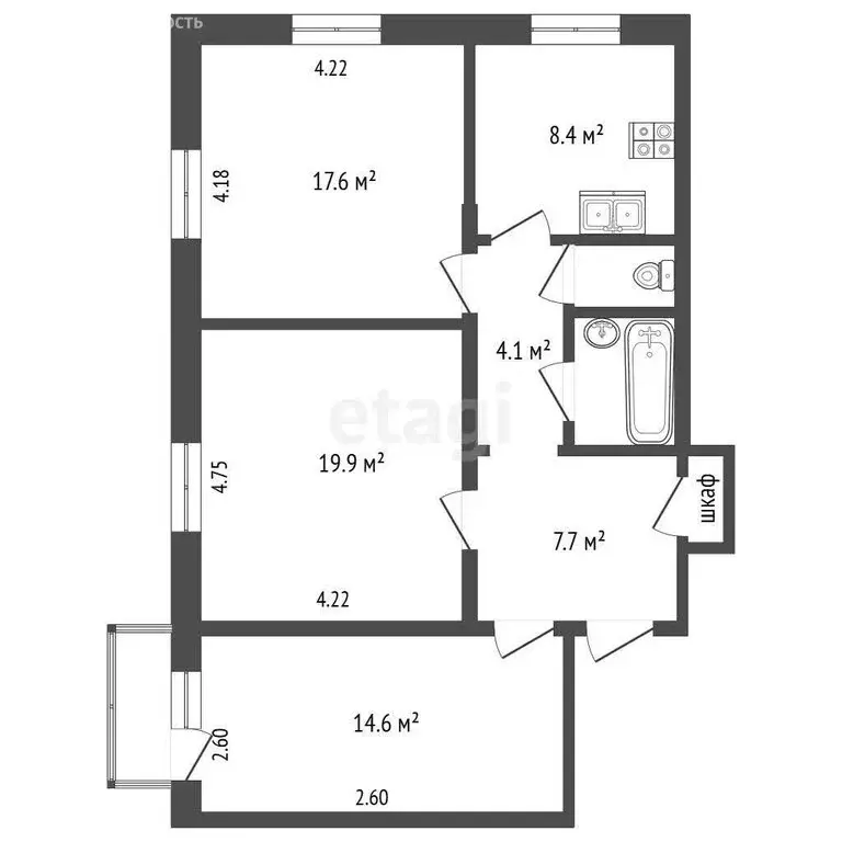 1к в 3-комнатной квартире (14.6 м) - Фото 0