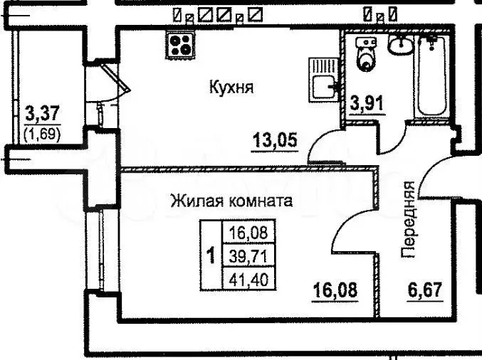 1-к. квартира, 41,4м, 2/18эт. - Фото 0