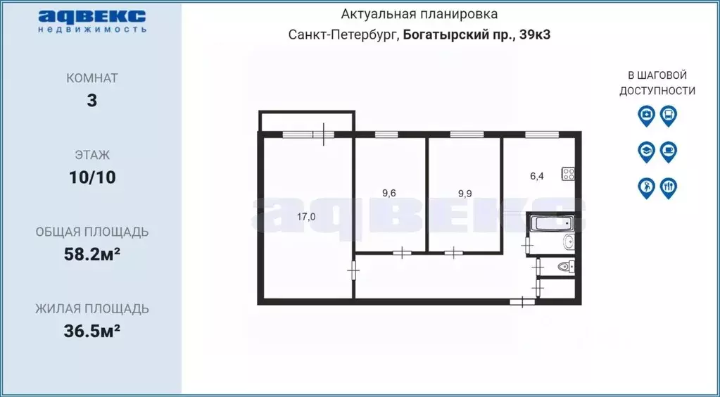3-к кв. Санкт-Петербург Богатырский просп., 39К3 (58.2 м) - Фото 2