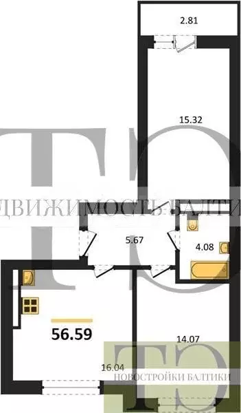 2-к. квартира, 56,6 м, 8/9 эт. - Фото 0