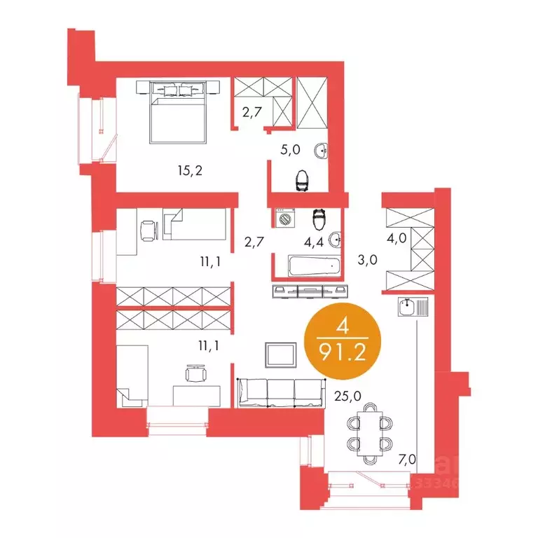 4-к кв. красноярский край, красноярск ул. шахтеров, 33а (91.2 м) - Фото 0