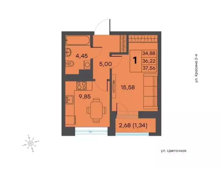 1-к кв. Тверская область, Тверь ул. 2-я Красина, 64 (36.0 м) - Фото 1