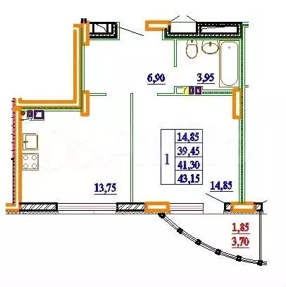 1-к. квартира, 43,1м, 8/11эт. - Фото 1