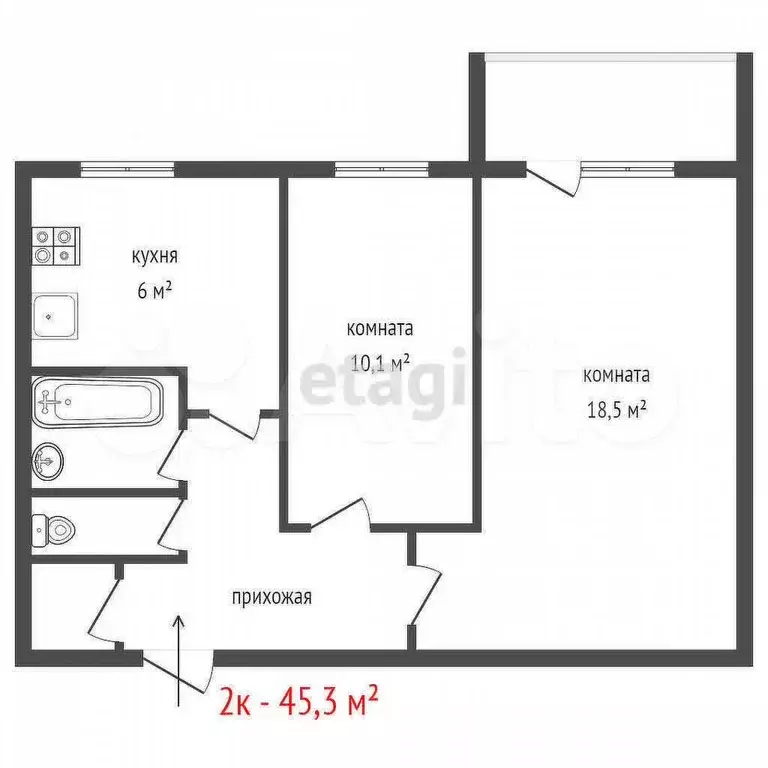 2-к. квартира, 45,3 м, 6/9 эт. - Фото 0