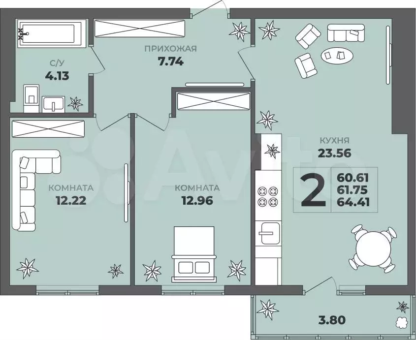 2-к. квартира, 64,4 м, 2/8 эт. - Фото 1