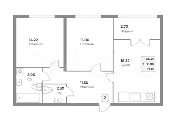 2-к. квартира, 69,1 м, 1/4 эт. - Фото 1