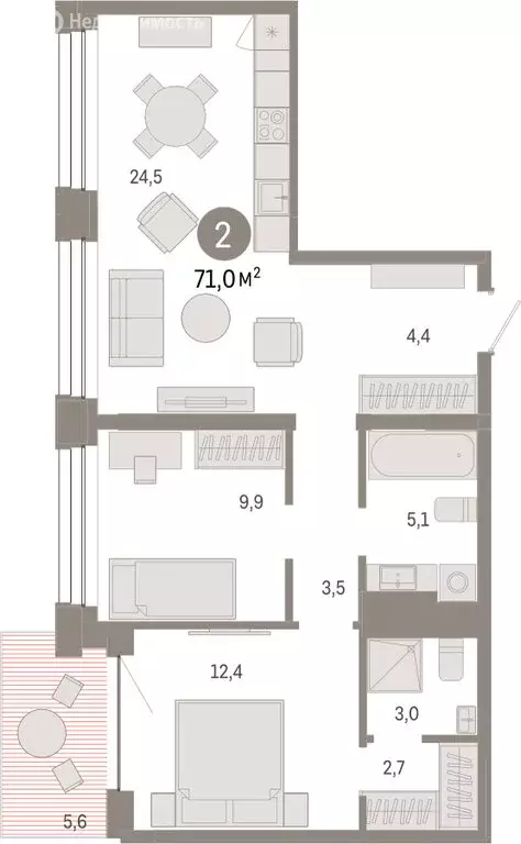 2-комнатная квартира: Тюмень, улица Муравленко, 9/2 (70.95 м) - Фото 1