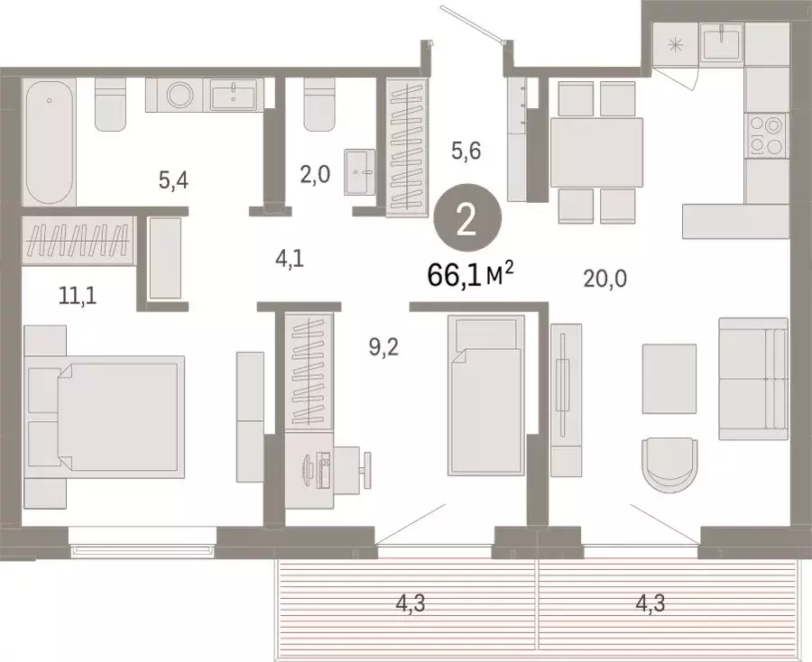 2-комнатная квартира: Омск, Кировский округ (66.07 м) - Фото 1