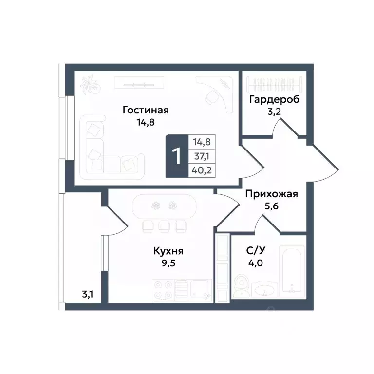 1-к кв. Ставропольский край, Ставрополь ул. Андрея Голуба, 11Б (40.2 ... - Фото 1