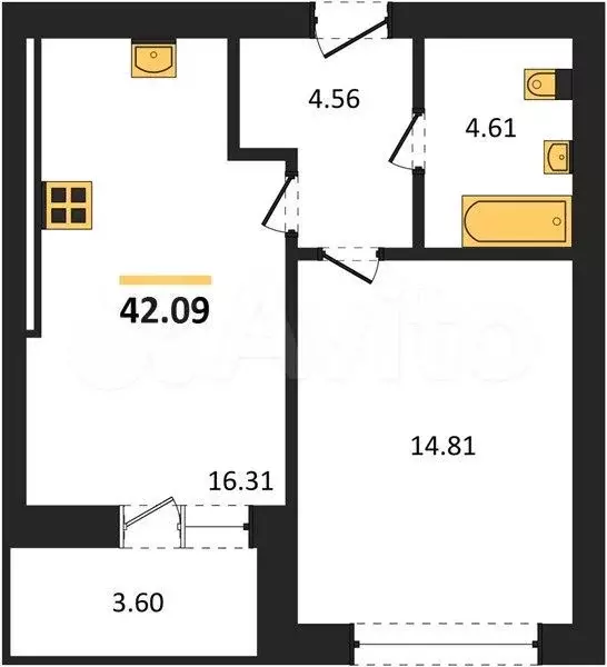 1-к. квартира, 42,1 м, 3/9 эт. - Фото 1