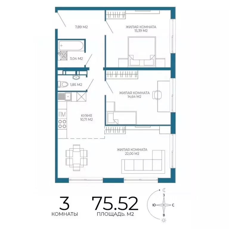 3-к кв. Пензенская область, Пенза Чаадаев жилой комплекс (75.52 м) - Фото 1