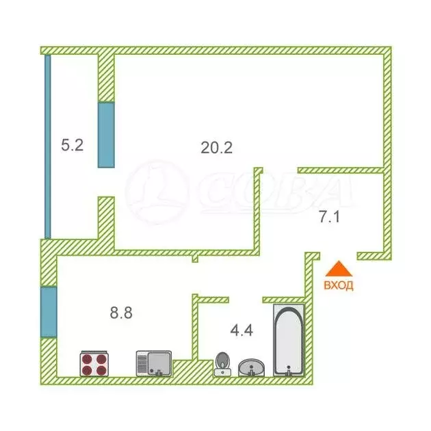 1-комнатная квартира: Тюмень, Солнечный проезд, 26 (40.6 м) - Фото 2