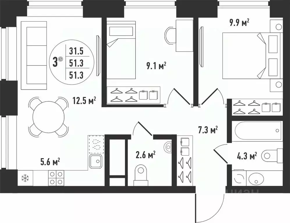 3-к кв. Астраханская область, Астрахань Августовская ул. (51.3 м) - Фото 2
