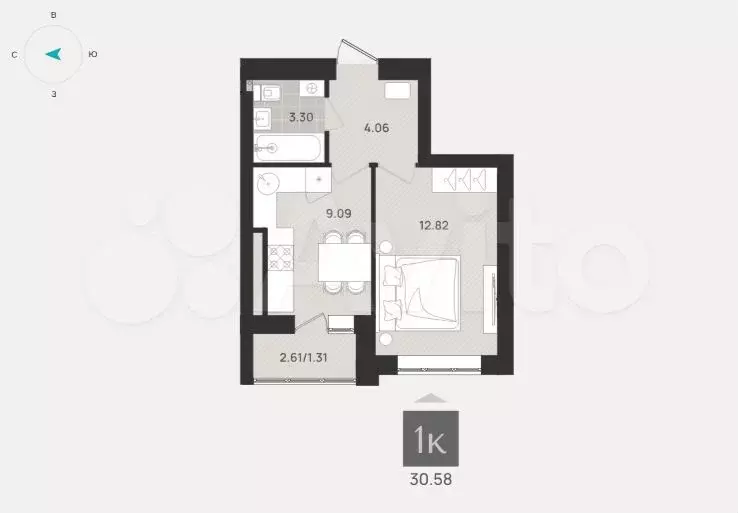 1-к. квартира, 30,6 м, 6/9 эт. - Фото 1