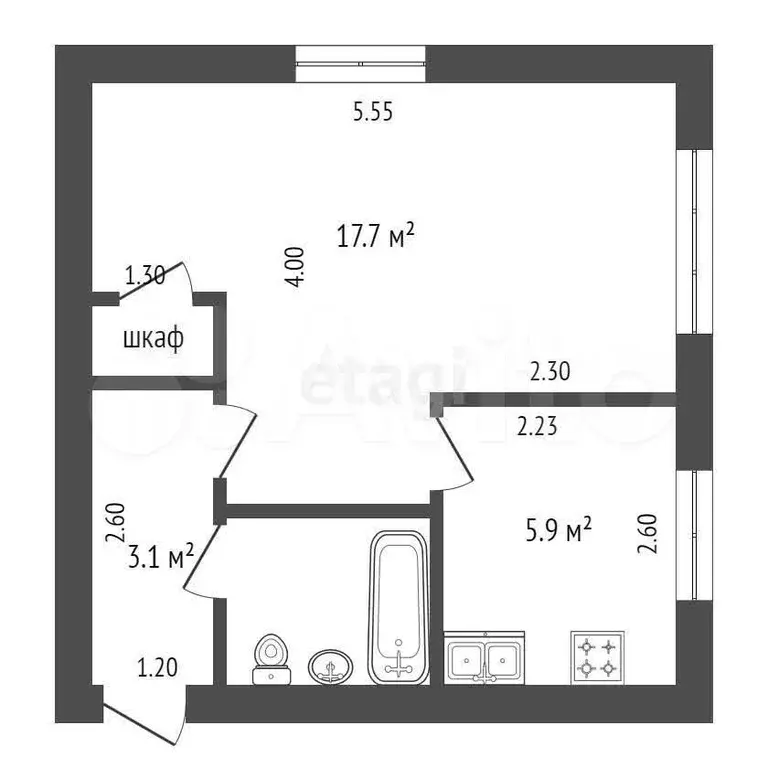 1-к. квартира, 29,9 м, 3/5 эт. - Фото 0