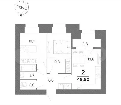 2-к. квартира, 48,5м, 7/16эт. - Фото 1