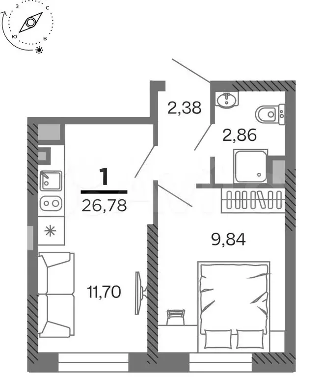 1-к. квартира, 26,8 м, 11/25 эт. - Фото 1