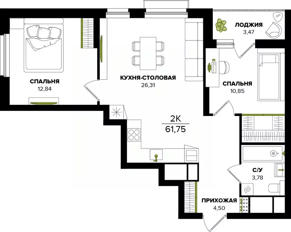 2-к кв. Тульская область, Тула  (61.75 м) - Фото 0