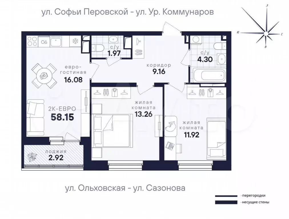 2-к. квартира, 58,2 м, 10/16 эт. - Фото 0