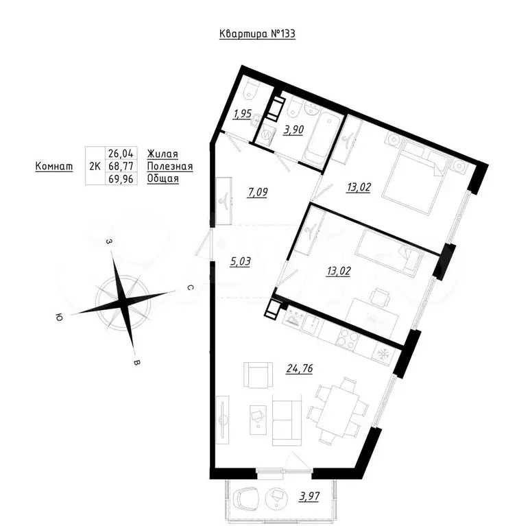 2-к. квартира, 70 м, 3/5 эт. - Фото 0