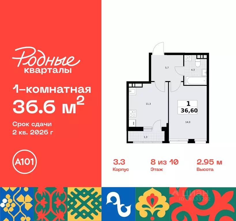 1-к кв. Москва Родные кварталы жилой комплекс, 3.3 (36.6 м) - Фото 0