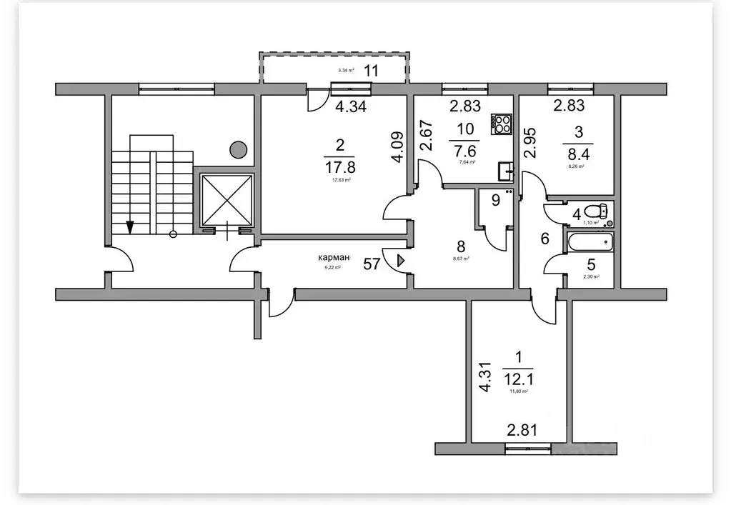 3-к кв. Челябинская область, Челябинск Каслинская ул., 17Б (60.3 м) - Фото 2