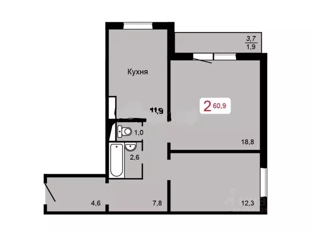 2-к кв. Красноярский край, Красноярск ул. Кутузова, 2с4 (60.9 м) - Фото 1