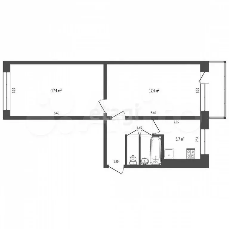 2-к. квартира, 48,1 м, 2/5 эт. - Фото 0