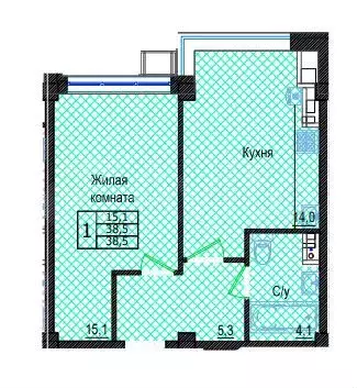 1-к. квартира, 38,5 м, 4/5 эт. - Фото 0