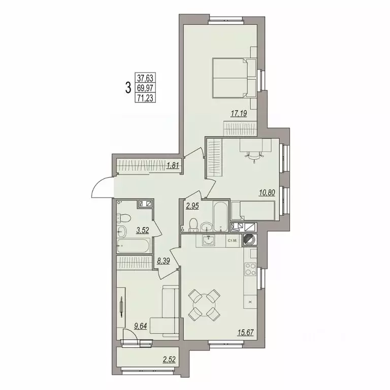 3-к кв. Волгоградская область, Волгоград ул. Дымченко, 9 (71.23 м) - Фото 1