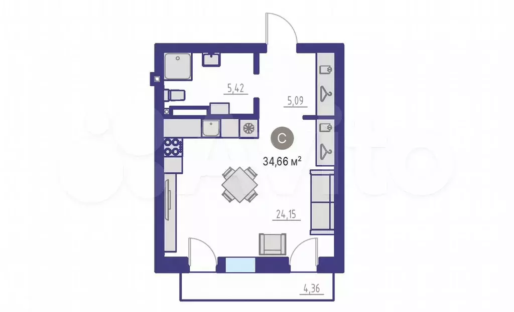Квартира-студия, 39 м, 3/4 эт. - Фото 1
