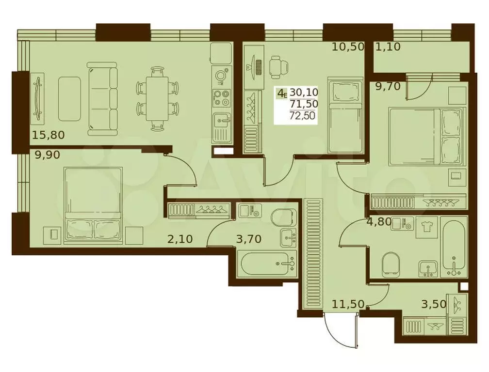 4-к. квартира, 72,5 м, 4/10 эт. - Фото 0