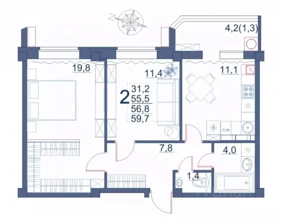 2-к кв. Ставропольский край, Ессентуки ул. Шмидта, 100 (59.7 м) - Фото 2