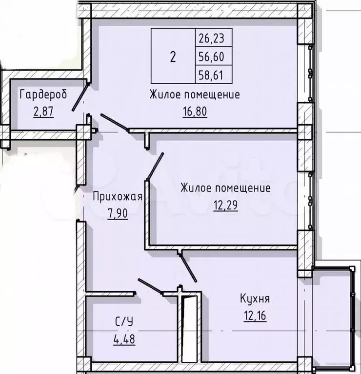 2-к. квартира, 58,6 м, 8/8 эт. - Фото 1