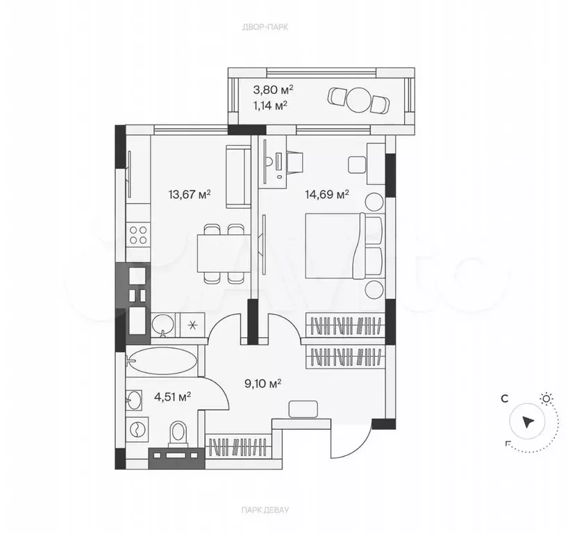 1-к. квартира, 43,1 м, 5/7 эт. - Фото 1