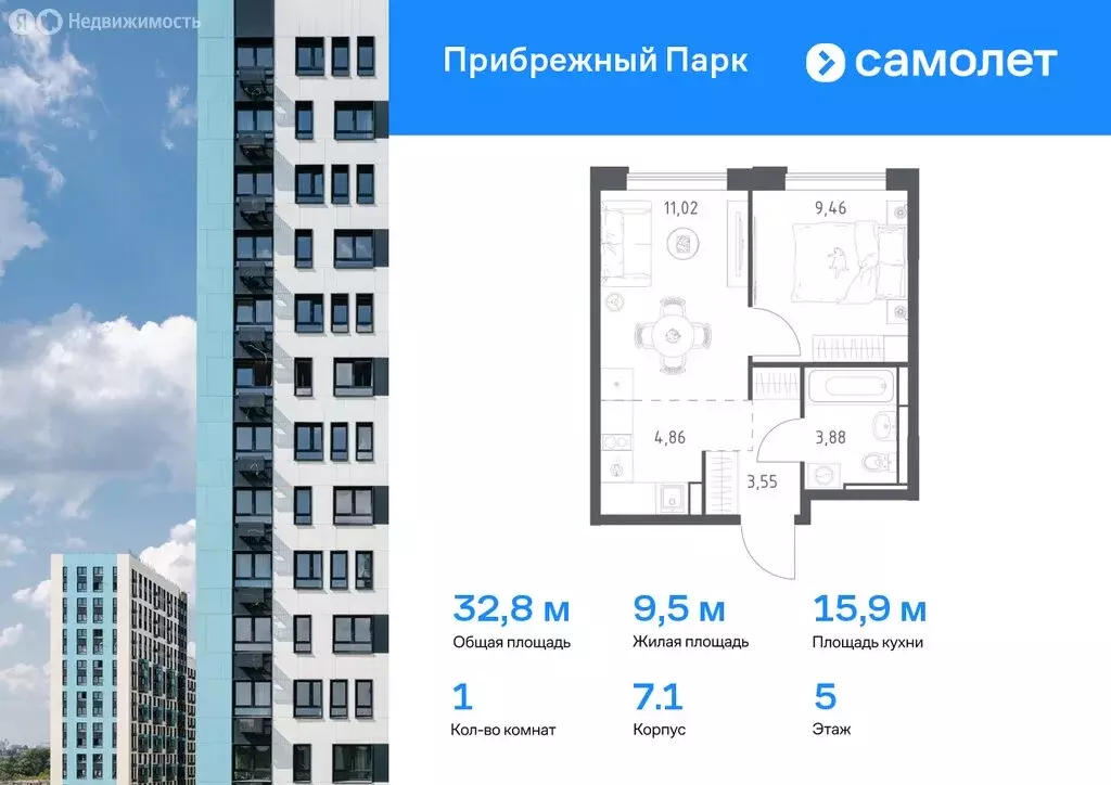 1-комнатная квартира: Ям, ЖК Прибрежный Парк, 10.1 (37.04 м) - Фото 0