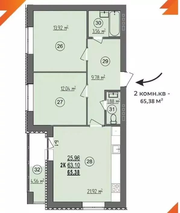 Продаётся 2-к квартира, 65.4 м - Фото 0