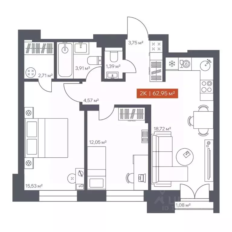 2-к кв. Томская область, Томск Красноармейская ул., 144 (62.95 м) - Фото 0