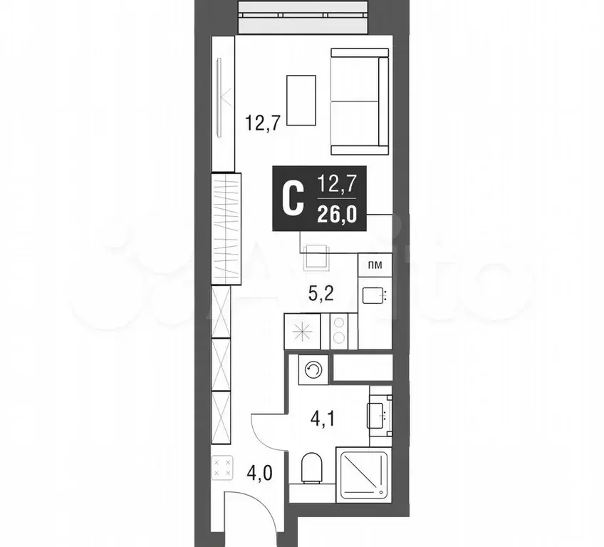 Квартира-студия, 25,5 м, 7/53 эт. - Фото 1