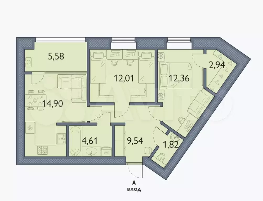 2-к. квартира, 63,8 м, 1/6 эт. - Фото 1