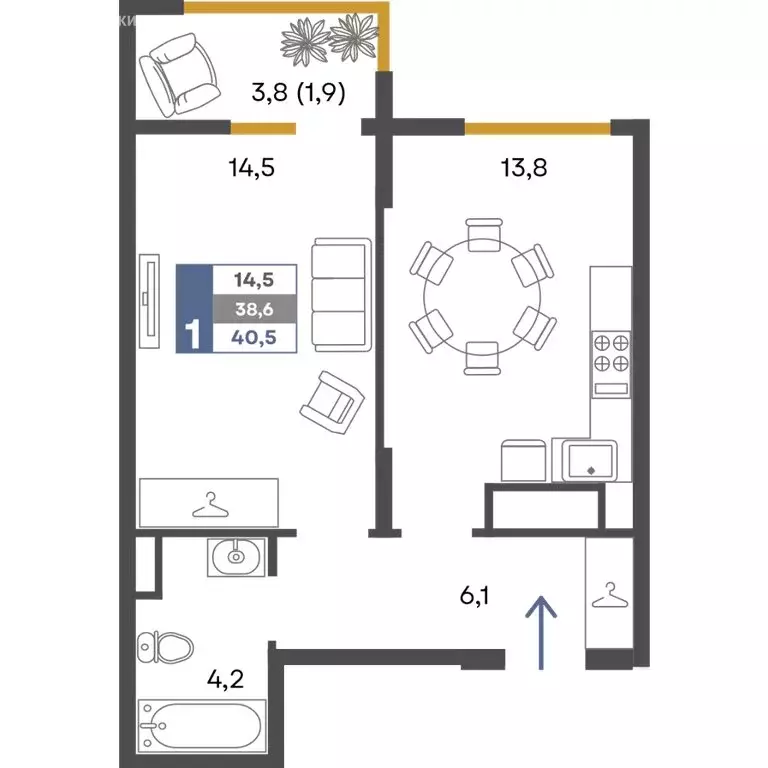 1-комнатная квартира: Перевальное, ЖК Предгорье (40.5 м) - Фото 1