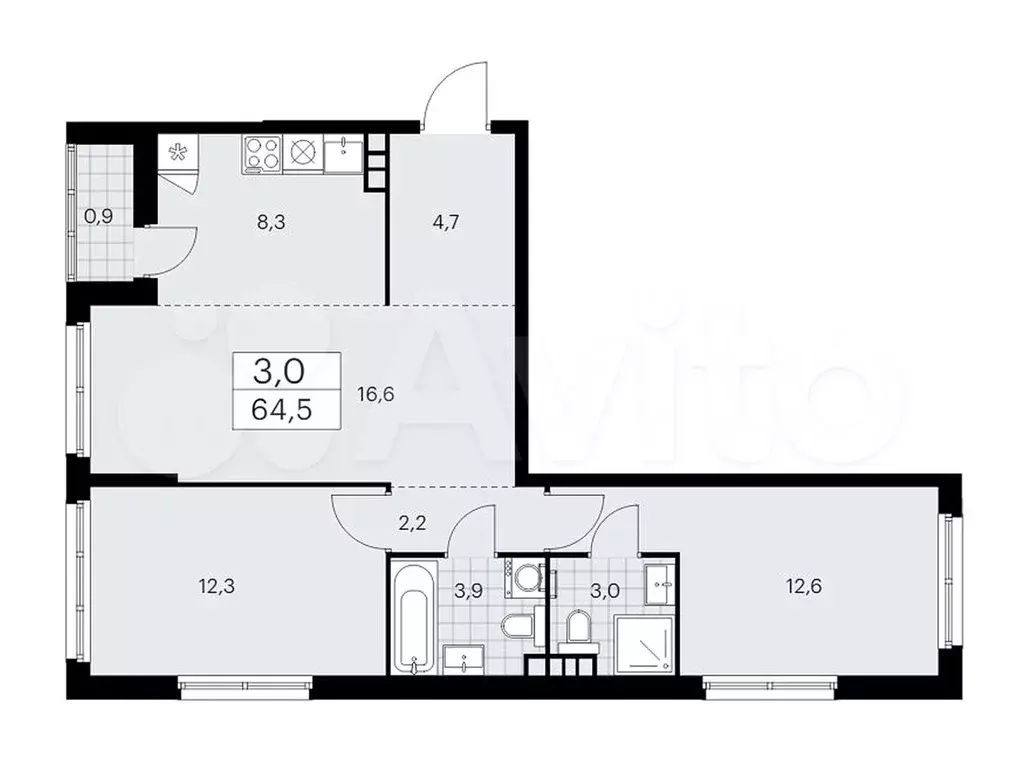 3-к. квартира, 64,5 м, 9/9 эт. - Фото 0