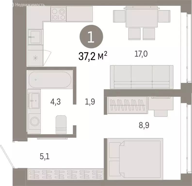 1-комнатная квартира: Тюмень, Ленинский округ (37.17 м) - Фото 1